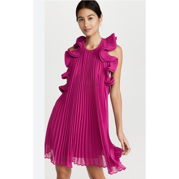 Amur Mimi Mini Dress Pleated Pink Magenta Peacock Chiffon Halter Ruffles 12 - Picture 14 of 15